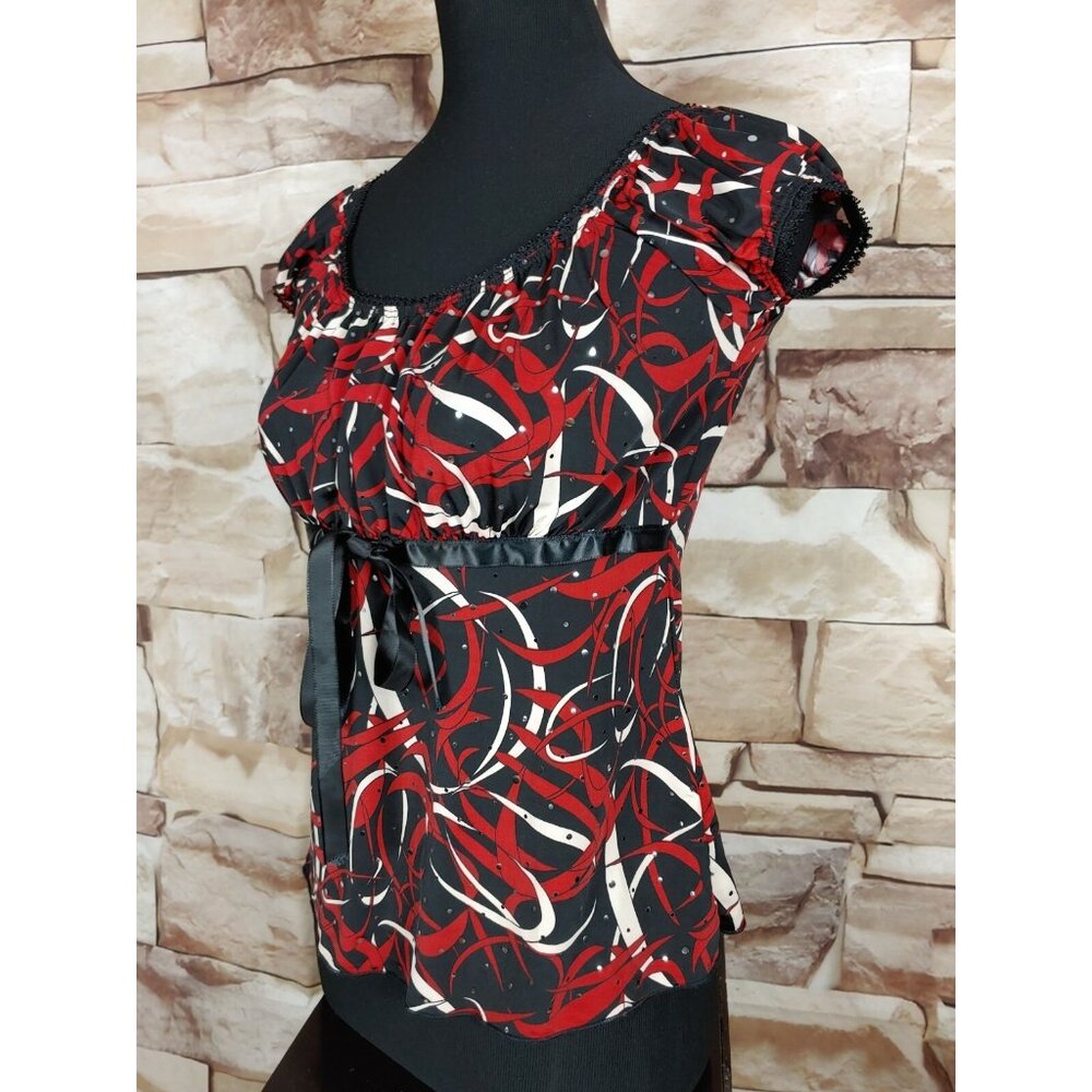 Agenda Womens Petite M Sequin Top Blouse Red Black - Picture 3 of 10